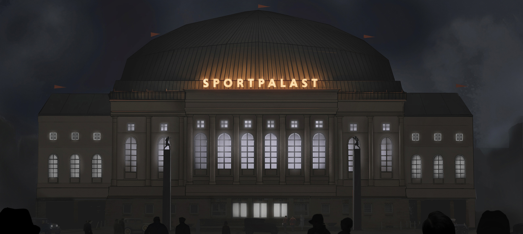 Babylon Berlin exterior concept art, VFX design for the Boxpalast boxing arena